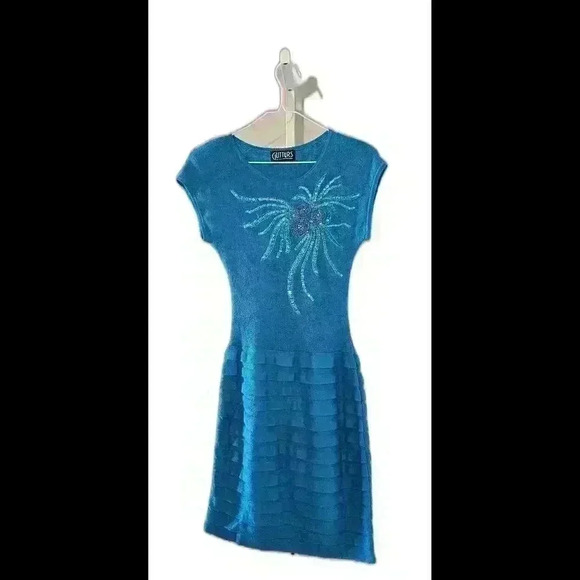 VINTAGE Glitters sequin Ocean Blue Embellished Sweater dress - Picture 2 of 6